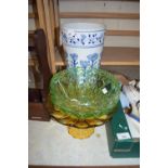 MODERN BLUE AND WHITE LARGE VASE PLUS A GLASS TAZZA AND A GLASS BOWL (3)