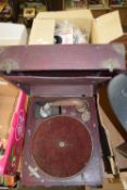 EMPIRE PORTABLE GRAMOPHONE AND A BOX OF RECORDS