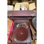 EMPIRE PORTABLE GRAMOPHONE AND A BOX OF RECORDS