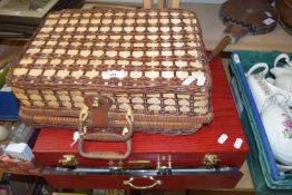 LACQUERED WOODEN CASE MARKED 'WALTMANN & SOHN' PLUS A FURTHER SMALL WICKER CASE (2)