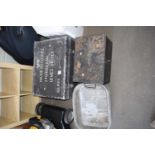 MIXED LOT TWO CASES CONTAINING VARIOUS TOOLS, GOLF BALLS AND A FURTHER LARGE ALUMINIUM DRIP TRAY (