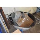 SMALL GALVANISED BATH, WATERING CAN AND A FUEL CAN