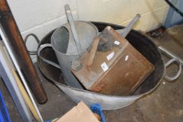 SMALL GALVANISED BATH, WATERING CAN AND A FUEL CAN