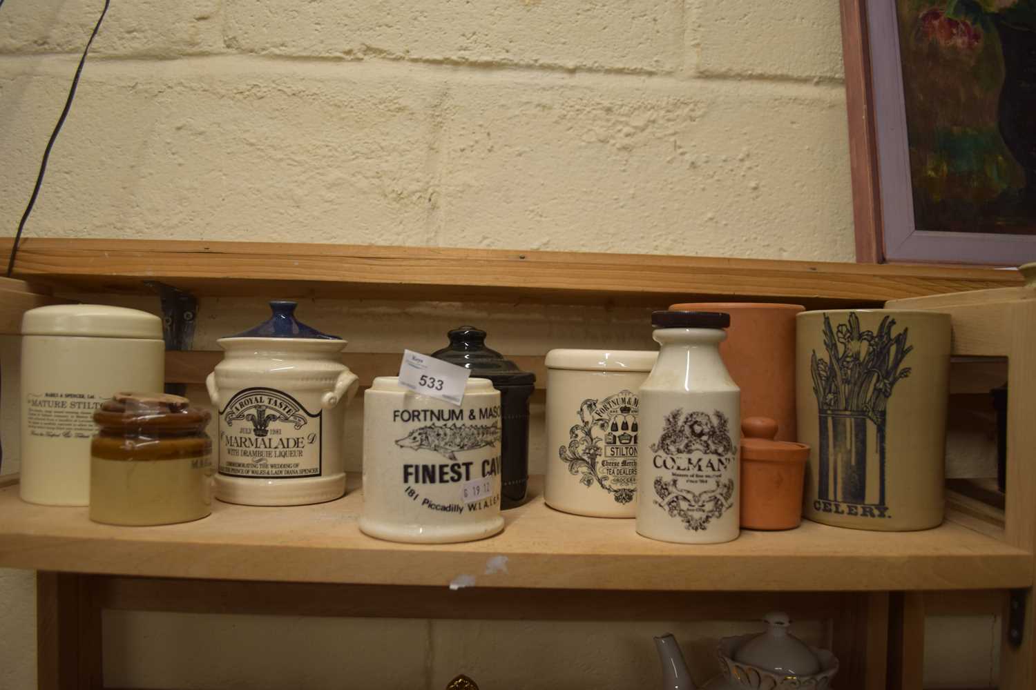 VARIOUS KITCHEN STORAGE JARS TO INCLUDE A CROWN DEVON FORTNUM & MASON CAVIAR JAR