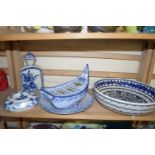 VARIOUS BLUE AND WHITE POTTERY, BOAT FORMED FLOWER BRICK ETC