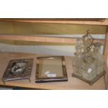 CRUET IN SILVER PLATED FRAME, PLUS TWO FURTHER SILVER PLATED PICTURE FRAMES