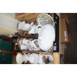 ONE BOX VARIOUS ASSORTED HOUSEHOLD CERAMICS, METAL CANDLE STICK ETC
