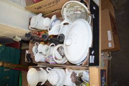 ONE BOX VARIOUS ASSORTED HOUSEHOLD CERAMICS, METAL CANDLE STICK ETC