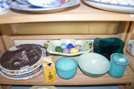 BESWICK TURQUOISE CATHAY BOWL AND COVERED JARS, VARIOUS DECORATED PLATES, GLAZED CERAMIC EGGS, GLASS