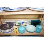 BESWICK TURQUOISE CATHAY BOWL AND COVERED JARS, VARIOUS DECORATED PLATES, GLAZED CERAMIC EGGS, GLASS