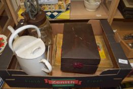 BOX OF MIXED ITEMS TO INCLUDE VINTAGE BUTTER CHURN, VARIOUS CUTLERY, SEWING BOX, FRETWORK SAW SET