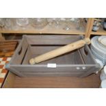 WOODEN STORAGE BOX AND A VINTAGE ROLLING PIN
