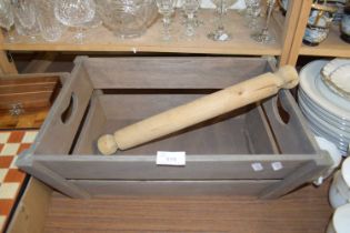 WOODEN STORAGE BOX AND A VINTAGE ROLLING PIN