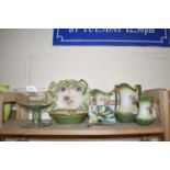 GRADUATED FLORAL DECORATED JUGS, VARIOUS BOWLS, GLASS PEDESTAL DISH ETC