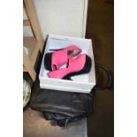 PAIR OF PINK HIGH HEEL SHOES AND A BLACK LEATHER TRAVEL BAG