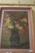 20TH CENTURY SCHOOL, STUDY OF A VASE OF FLOWERS, OIL ON BOARD, INDISTINCTLY SIGNED