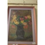 20TH CENTURY SCHOOL, STUDY OF A VASE OF FLOWERS, OIL ON BOARD, INDISTINCTLY SIGNED