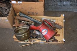 ONE BOX OF ASSORTED TOOLS, ESSO OIL CAN ETC