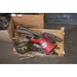 ONE BOX OF ASSORTED TOOLS, ESSO OIL CAN ETC