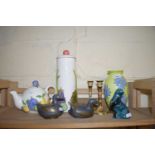 MIXED LOT: PEWTER MODEL DUCKS, TEA POT, CANDLESTICKS, POOLE POTTERY OTTER ETC