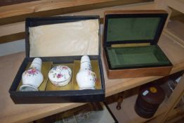 BOXED THREE PIECE HAMMERSLEY CRUET SET TOGETHER WITH A SMALL LEATHER MOUNTED JEWELLERY BOX