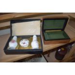 BOXED THREE PIECE HAMMERSLEY CRUET SET TOGETHER WITH A SMALL LEATHER MOUNTED JEWELLERY BOX