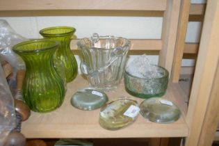 VARIOUS GLASS WARES, PAPERWEIGHTS, WADE WHIMSIES ETC