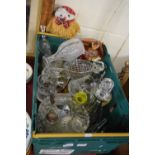 ONE BOX ASSORTED GLASS WARES, DECANTERS, VASES ETC