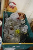 ONE BOX ASSORTED GLASS WARES, DECANTERS, VASES ETC