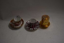 MIXED LOT CROWN DERBY CUP AND SAUCERS, ROYAL WORCESTER COFFEE CAN AND SAUCER AND A GEORGE JENSEN