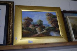 R WEAVER, STUDY OF A RIVERSIDE COTTAGE, OIL ON CANVAS, GILT FRAMED