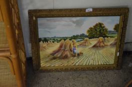 SAUNDERS, STUDY OF A HARVEST SCENE, OIL ON BOARD, GILT FRAMED