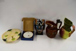 MIXED LOT COMPOSITION MASK FORMED ORNAMENT, HORS D'OEUVRES DISH, VARIOUS JUGS ETC