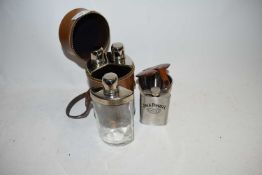 LEATHER CASED TRAVELLING THREE BOTTLE SPIRIT SET, A JACK DANIELS HIP FLASK AND TRAVELLING LEATHER