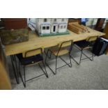 MODERN LARGE RECTANGULAR PINE DINING TABLE ON HAIRPIN METAL LEGS TOGETHER WITH SIX ACCOMPANYING