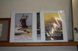 THREE REPRODUCTION RAILWAY ADVERTISING PICTURES, NORWICH AND NORFOLK BROADS