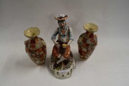 TWO JAPANESE SATSUMA TYPE VASES TOGETHER WITH A CAPO DI MONTE FIGURE (3)
