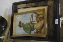 MIXED LOT OIL ON BOARD STUDY SCENE WITH FIGURES IN PERIOD DRESS, PLUS TWO COLOURED PRINTS