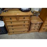 MODERN PINE SIX DRAWER CHEST AND ACCOMPANYING THREE DRAWER BEDSIDE CABINET, LARGEST PIECE 90CM