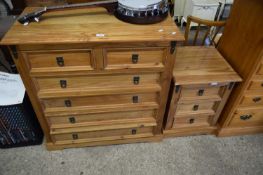 MODERN PINE SIX DRAWER CHEST AND ACCOMPANYING THREE DRAWER BEDSIDE CABINET, LARGEST PIECE 90CM