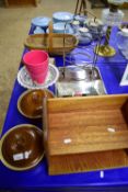 MIXED LOT STONEWARE HOT WATER BOTTLE, SMALL BOOK STAND, KITCHEN WARES ETC
