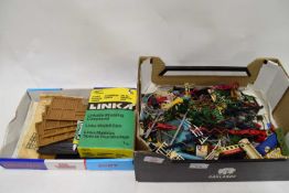 Box of various principally plastic model railway and other sundry fences, bushes, signs etc