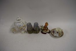 MIXED LOT COMPRISING AYNSLEY VASE, PAIR OF PAINTED GLASS VASES, DRESDEN TRIO AND OTHER ITEMS