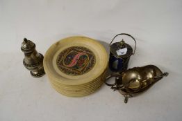 MIXED LOT VARIOUS SILVER PLATED WARES AND A QUANTITY OF DECORATED PLATES, EACH WITH A LETTER, TO