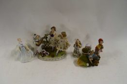 MIXED LOT CONTINENTAL FIGURE GROUP OF DANCING GIRLS, ROYAL DOULTON FIGURINES, VARIOUS OTHER