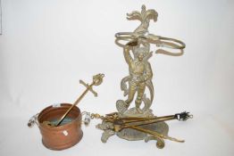 MIXED LOT CAST BRASS STICK STAND PLUS VARIOUS FIRE TOOLS AND A COPPER JARDINIERE