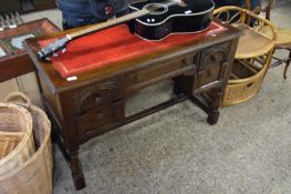 REPRODUCTION DARK OAK KNEEHOLE DESK WITH RED LEATHER TOP, 114CM WIDE