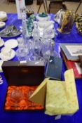 MIXED LOT VARIOUS DECANTERS, BOXED GLASS WARES ETC