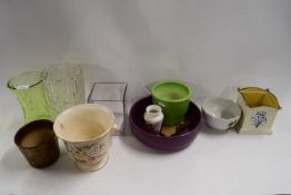 MIXED LOT VARIOUS JARDINIERES, GLASS VASES ETC