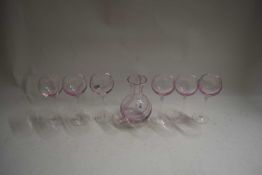 SIX MODERN SWIRL DECORATED WINE GLASSES AND VASE